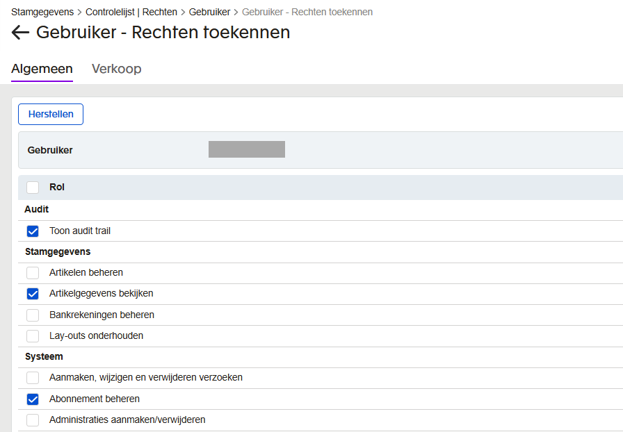 User rights configuration screen