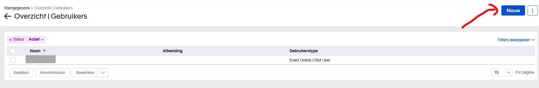 Users overview with the New button