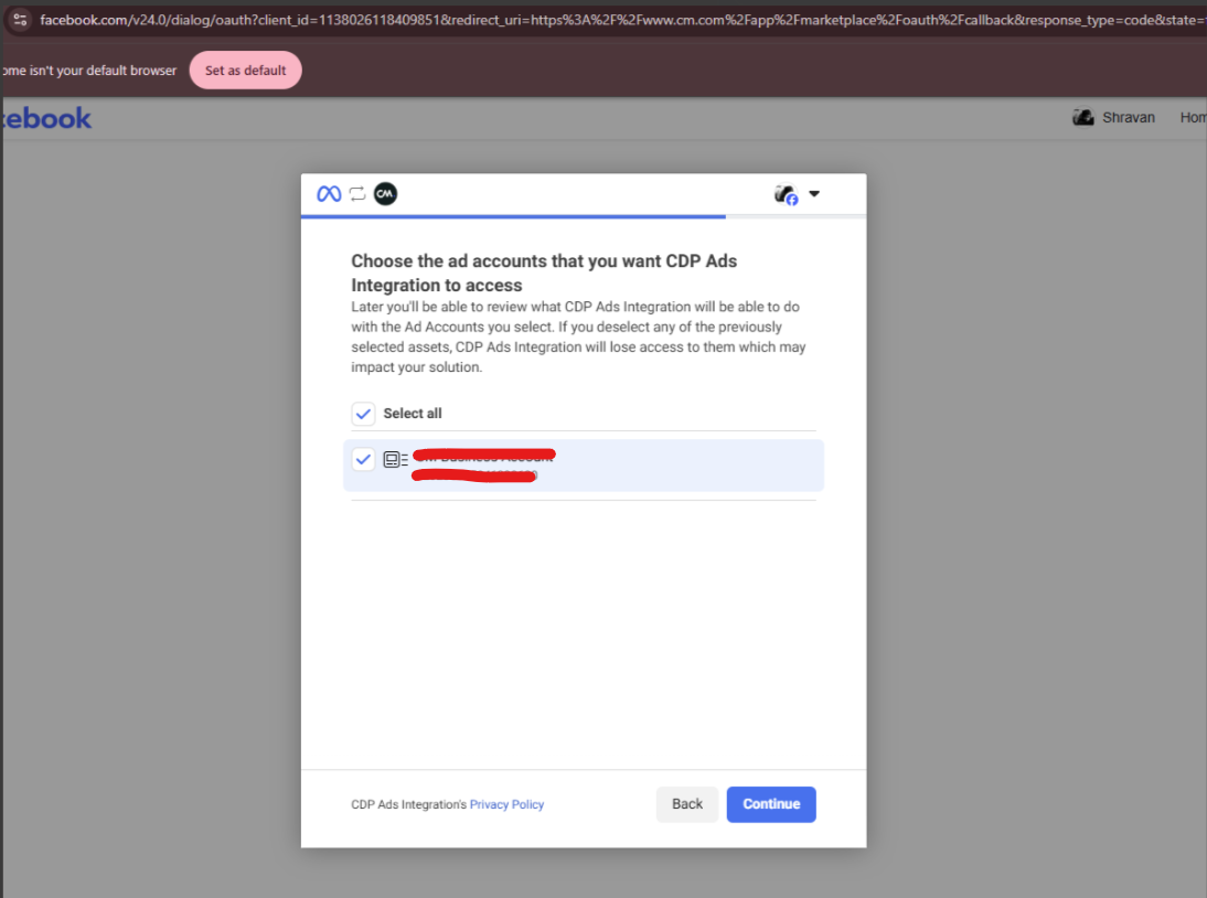 Facebook dialog for choosing which ad accounts the integration can access