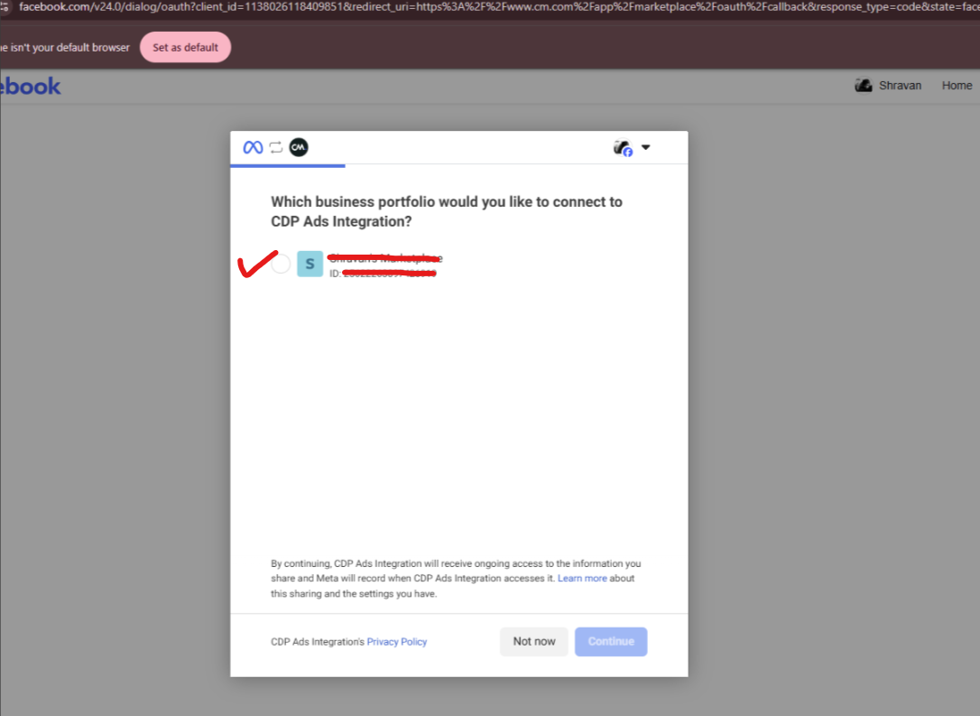 Facebook dialog for selecting a business portfolio