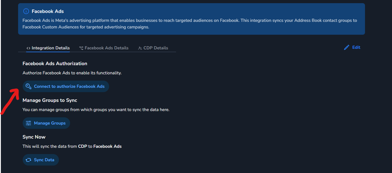 Facebook Ads adapter in the Marketplace with the Connect button
