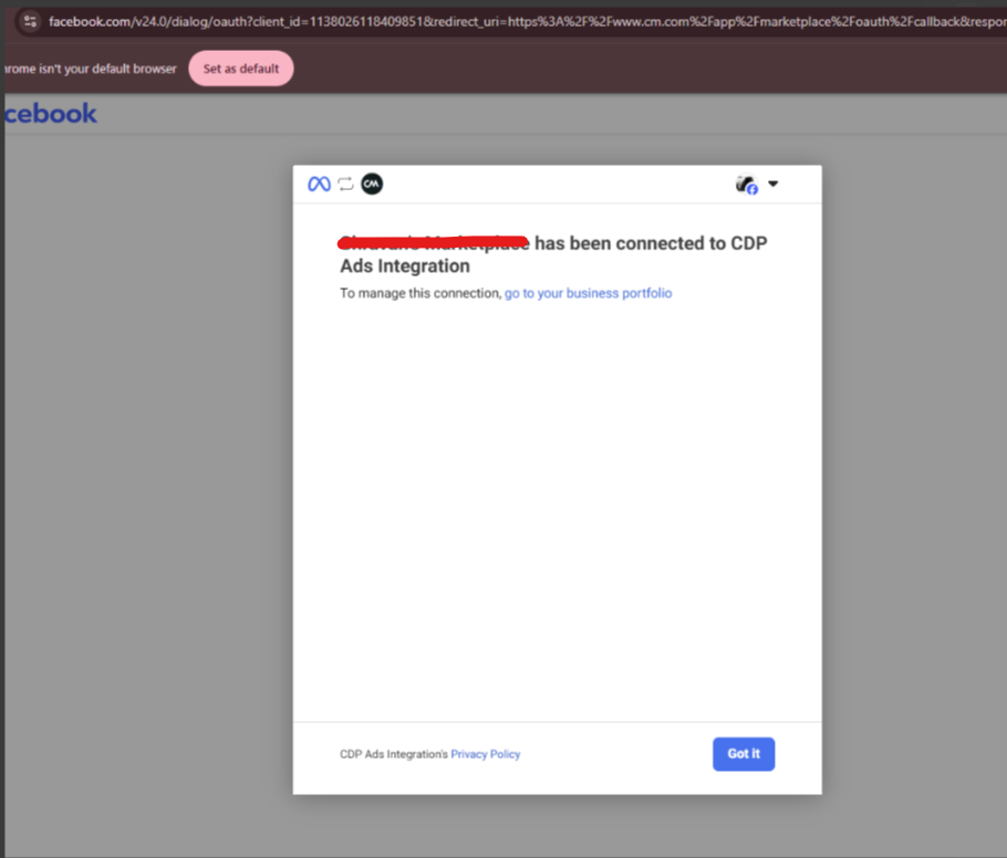 Facebook confirmation that the business has been connected