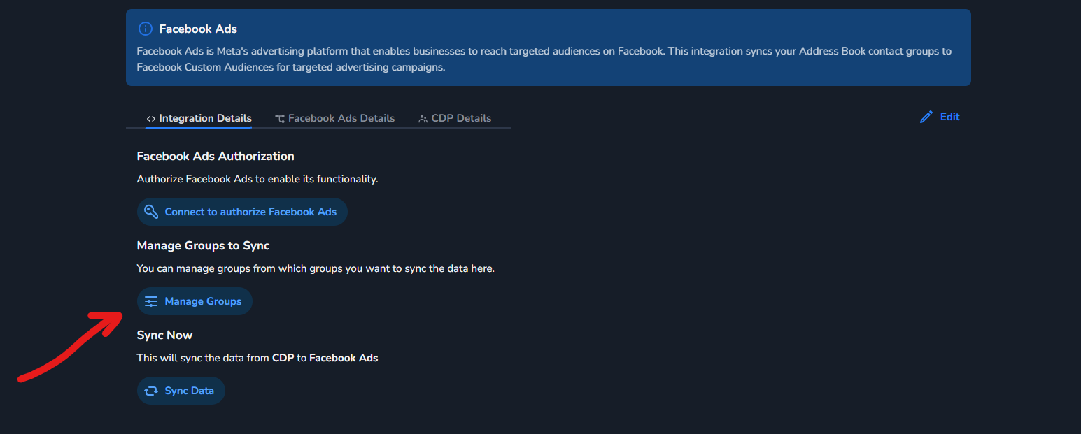 Manage Groups button in the Facebook Ads adapter configuration