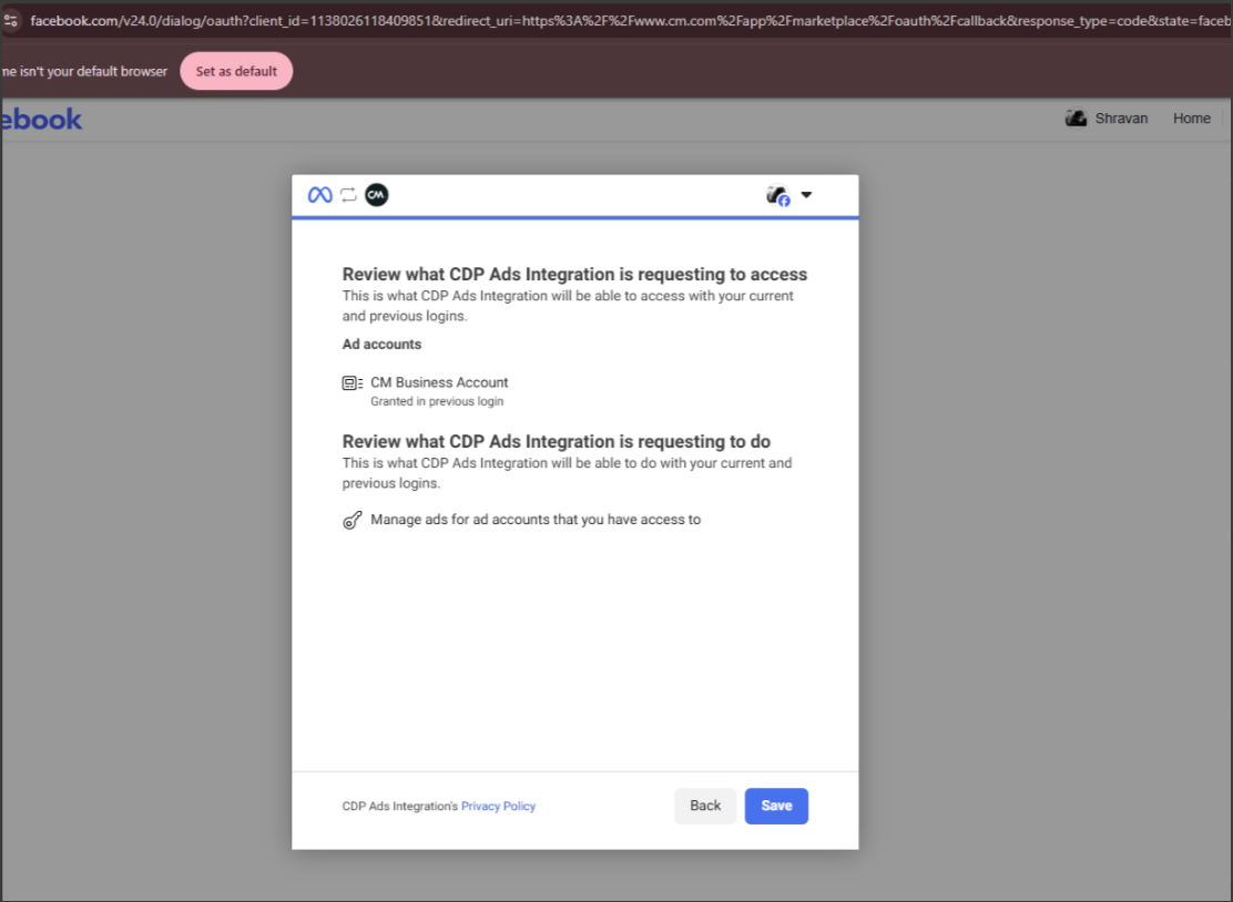 Facebook dialog reviewing the requested permissions