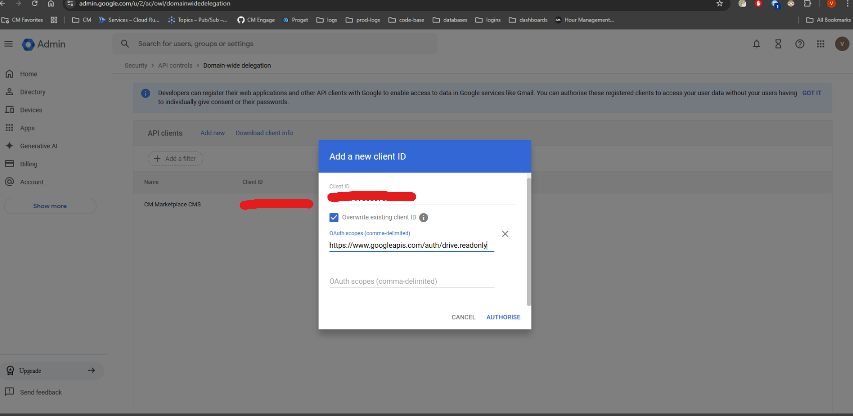 Google Admin Console domain-wide delegation entry for the marketplace service account