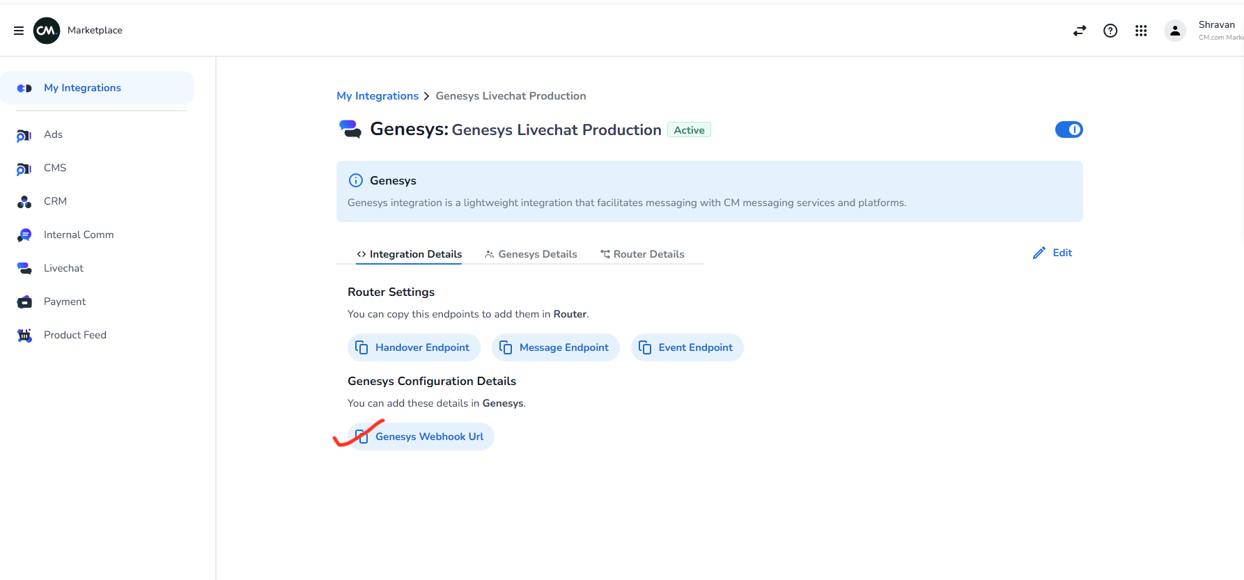 Genesys webhook URL in the Marketplace UI