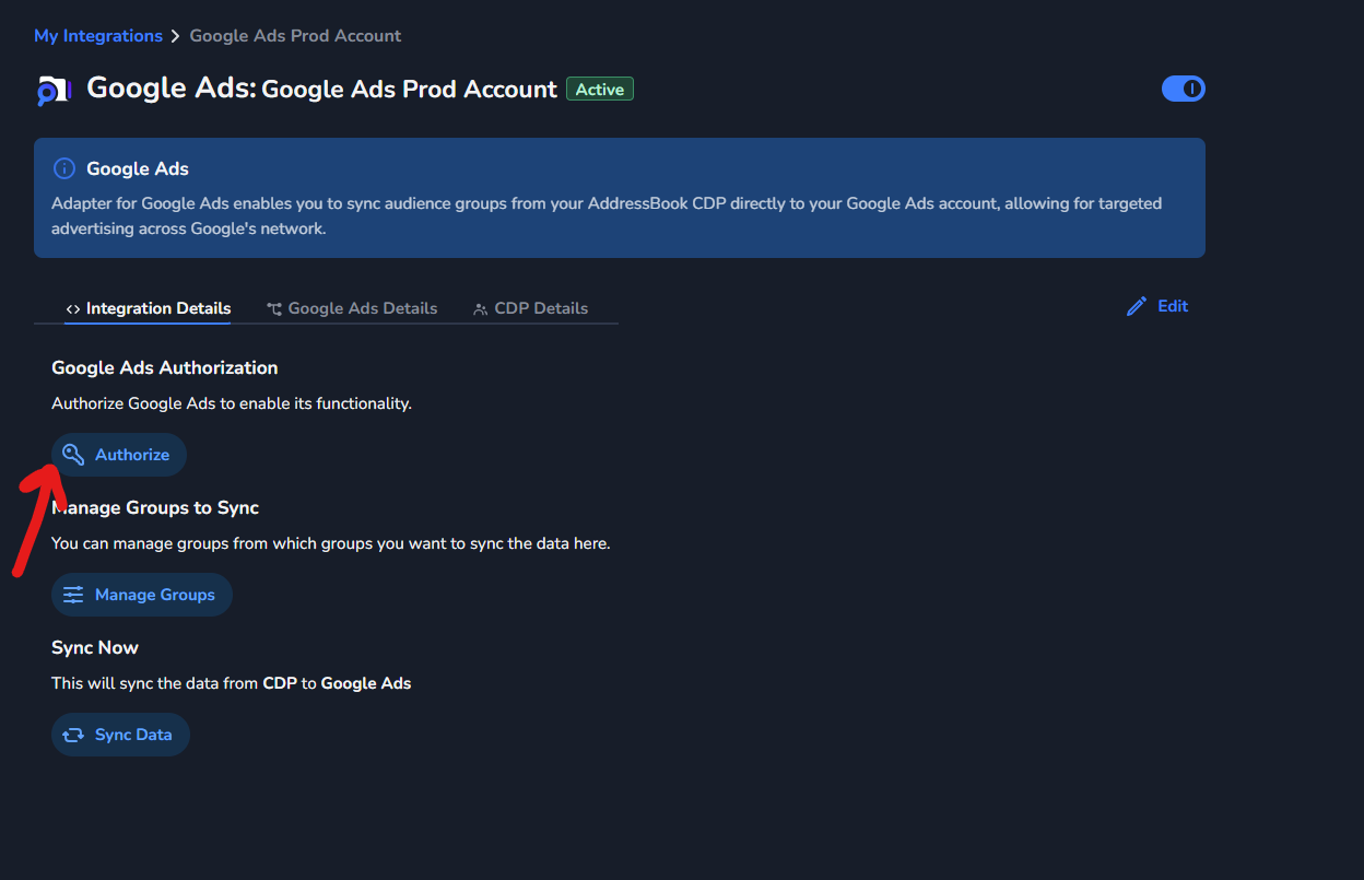 Google Ads integration in the Marketplace with the Authorize button