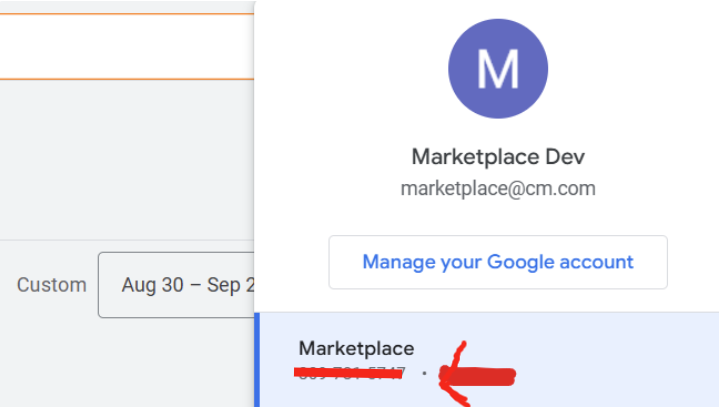 Google Ads Customer ID in the top-right corner of the Google Ads dashboard