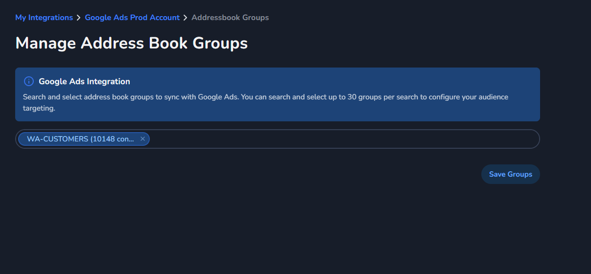 Selecting AddressBook groups to sync with Google Ads