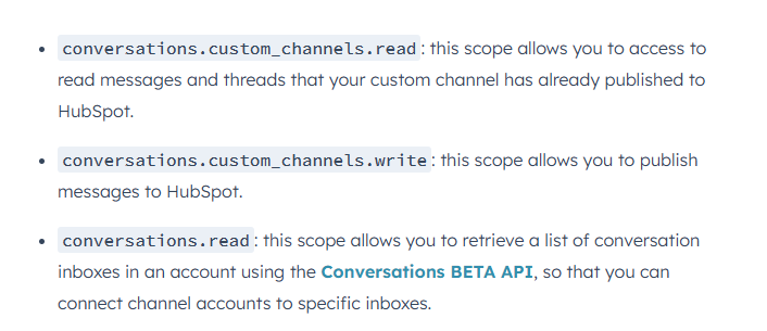 Missing required scopes for a custom channel