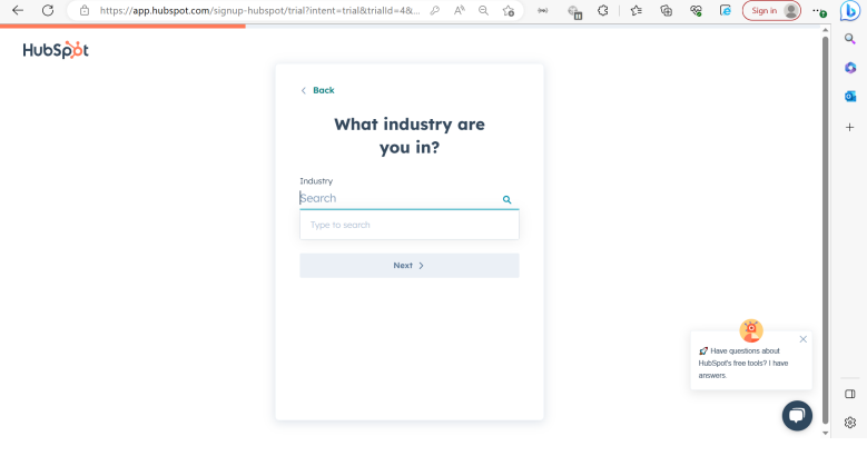 HubSpot enter industry screen