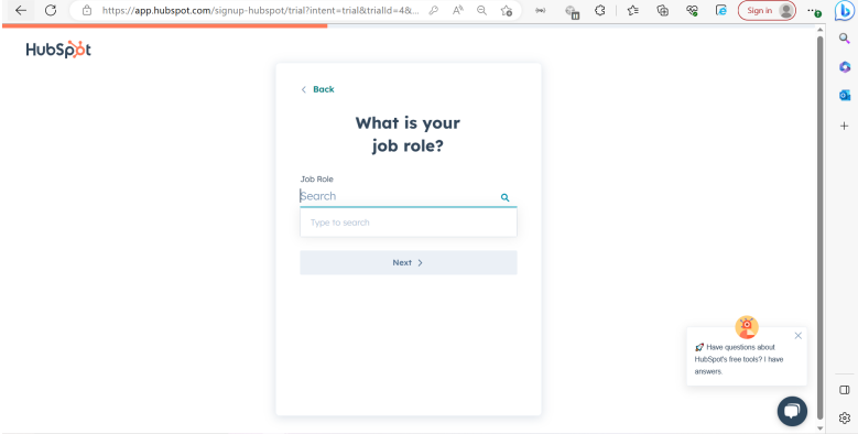 HubSpot enter job role screen
