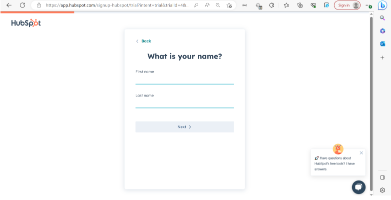 HubSpot enter name screen