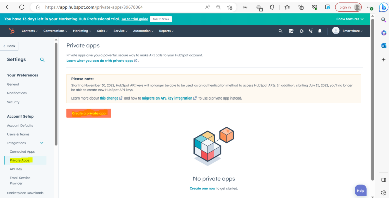 HubSpot Private Apps menu
