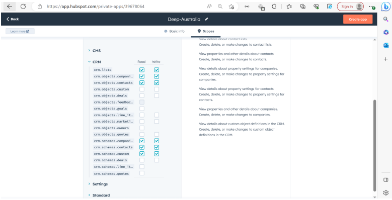 HubSpot select scopes for the private app