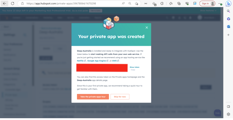 HubSpot show access token screen