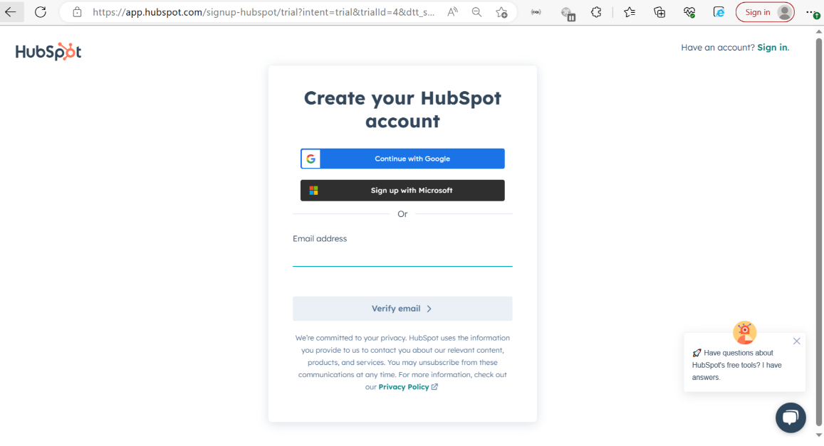 HubSpot sign-up form
