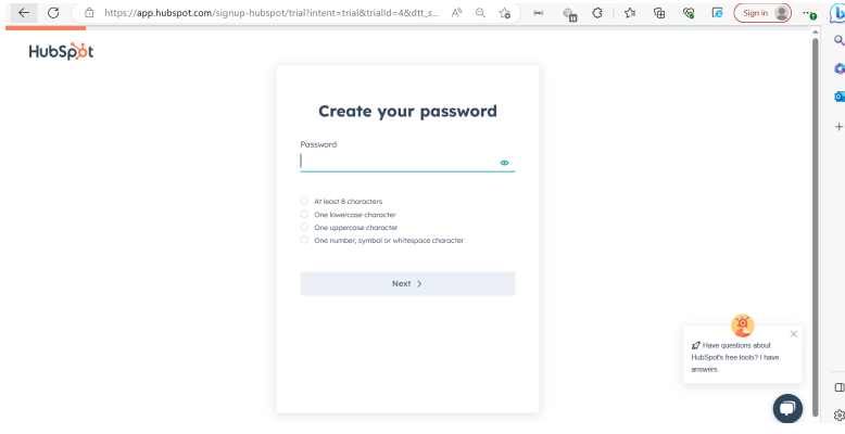 HubSpot verify email and create password screen