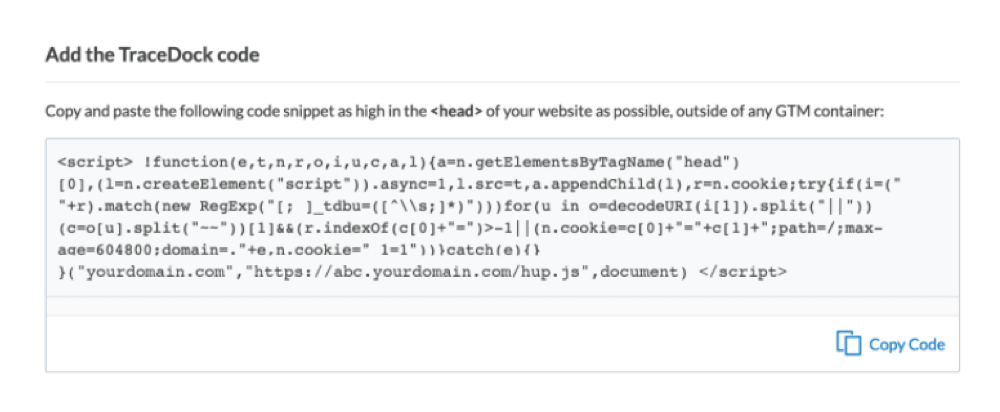 Webtracker dashboard step "Add the TraceDock code": a script snippet to paste into the head of your website, with a Copy Code button