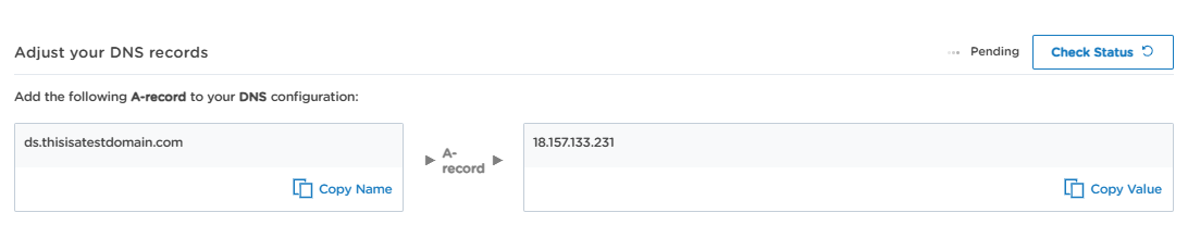 Webtracker dashboard showing the A-record to add to your DNS configuration, with a Pending status and a Check Status button