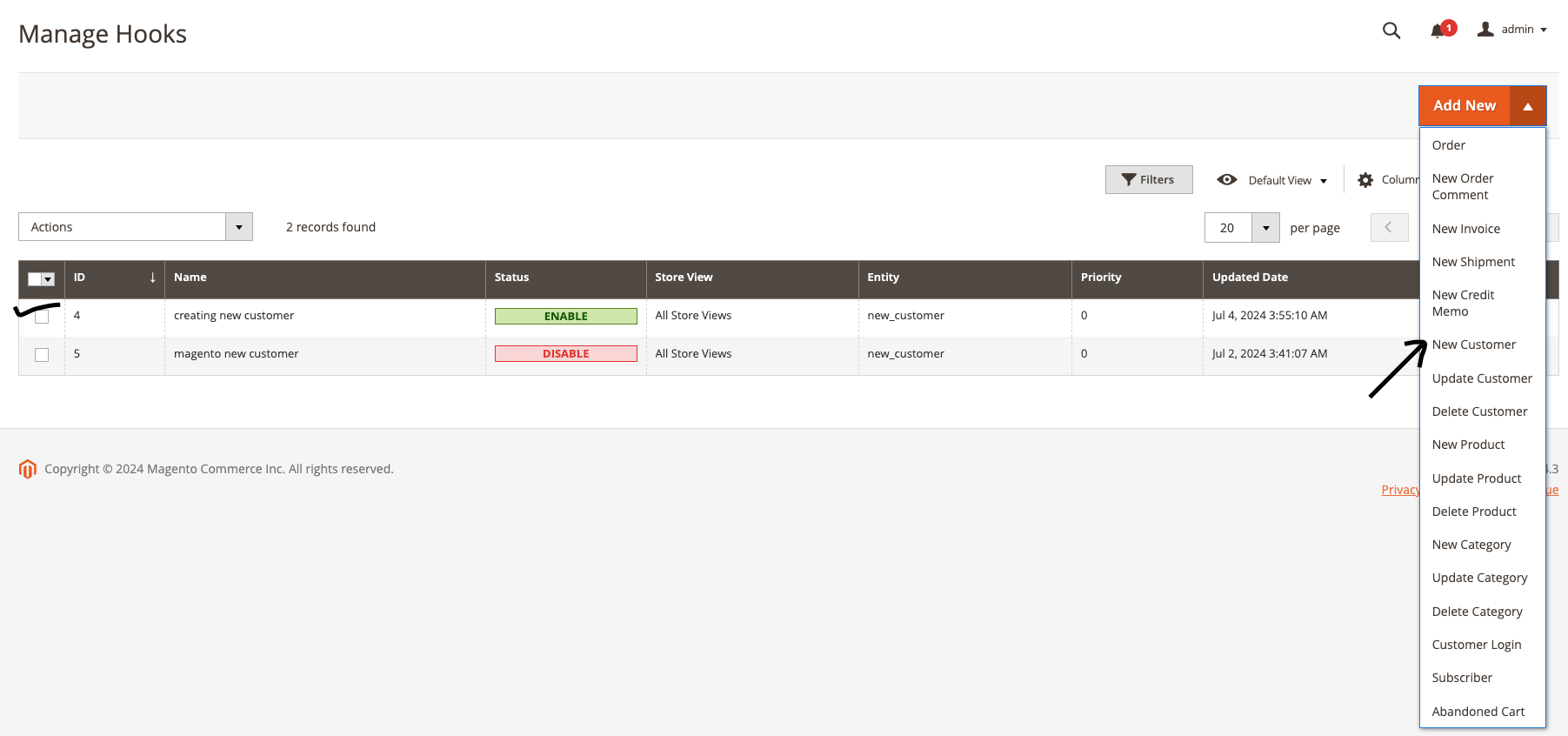Mageplaza New Customer webhook event option in Add New Webhook sidebar