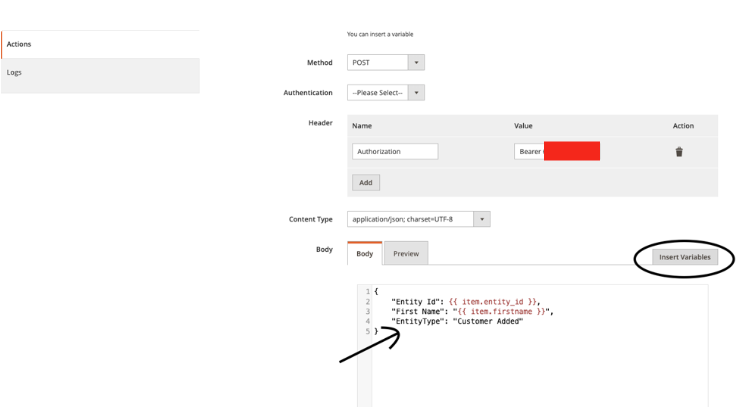 Mageplaza webhook Content Type and Body configuration screen
