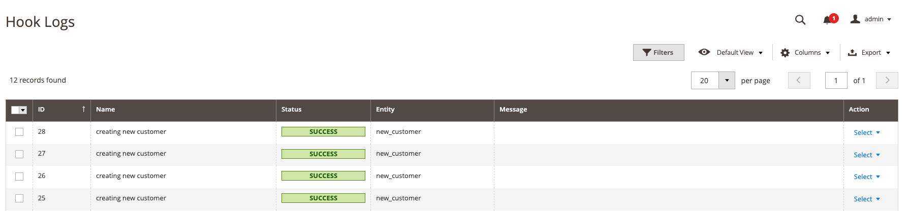 Mageplaza webhook logs screen showing CDP event status