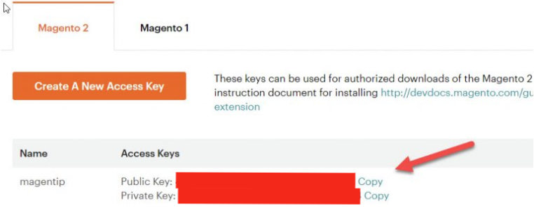 Magento Marketplace access keys page showing public and private key