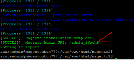 Magento setup command completion showing the admin login URL
