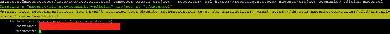 Composer create-project prompting for Magento access key username and password