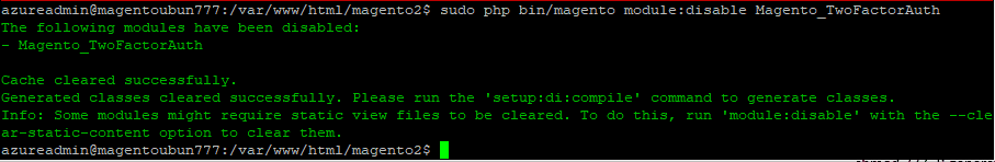 Terminal output after disabling Magento_TwoFactorAuth module