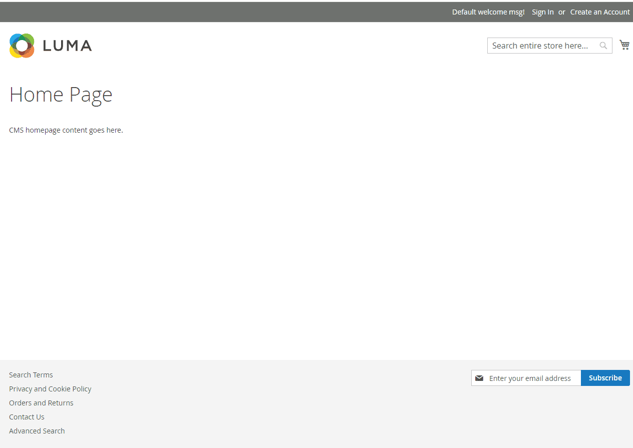 Magento storefront homepage after installation