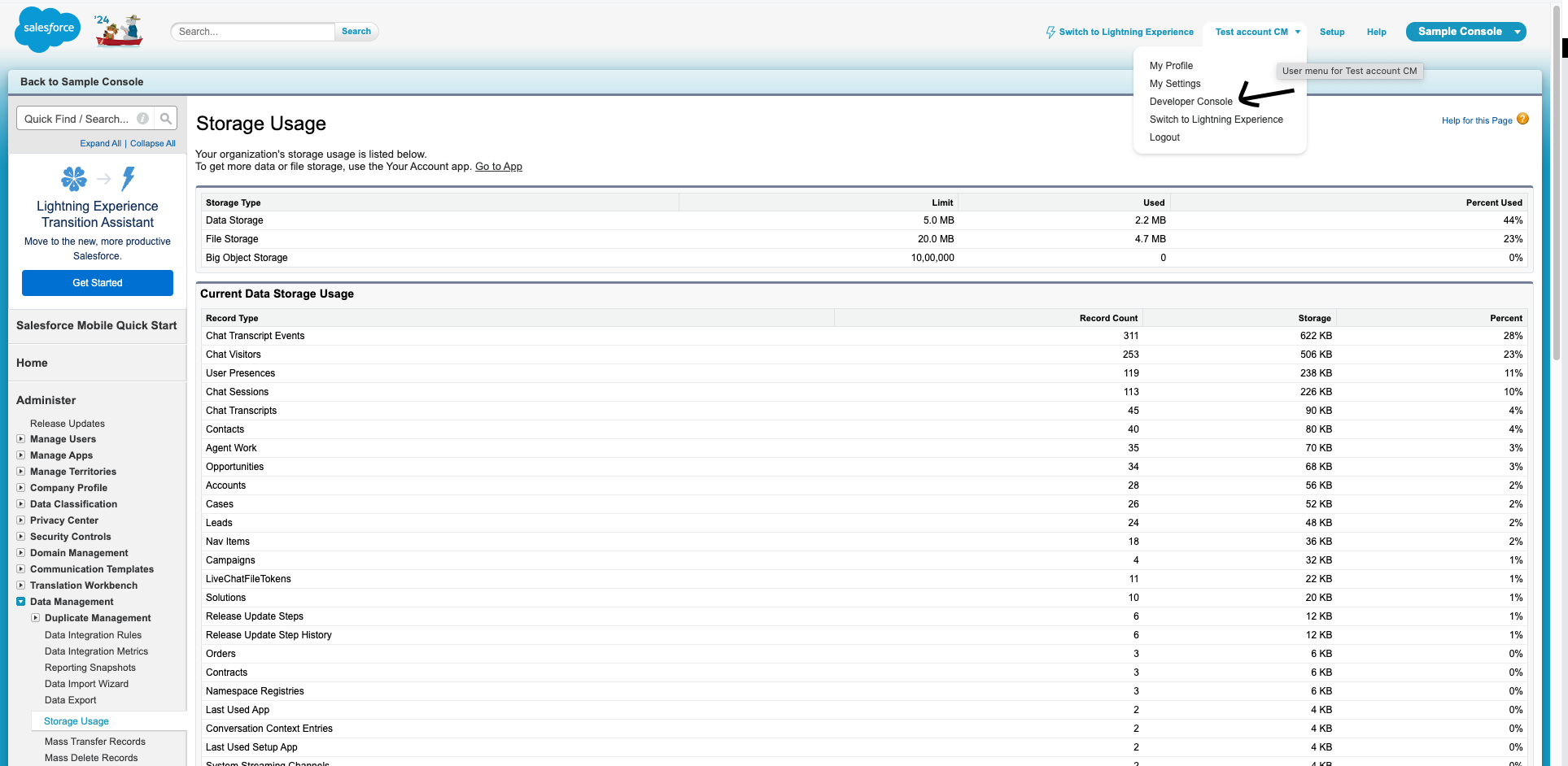 Salesforce account menu in the navigation bar showing the Developer Console option