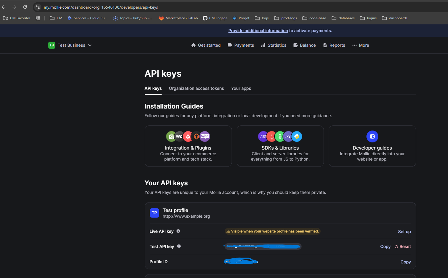 Mollie API key field in the CM marketplace portal