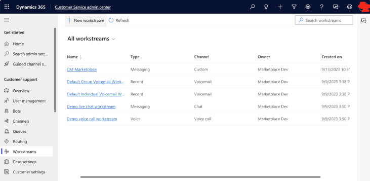 Workstreams panel in Customer Service admin center