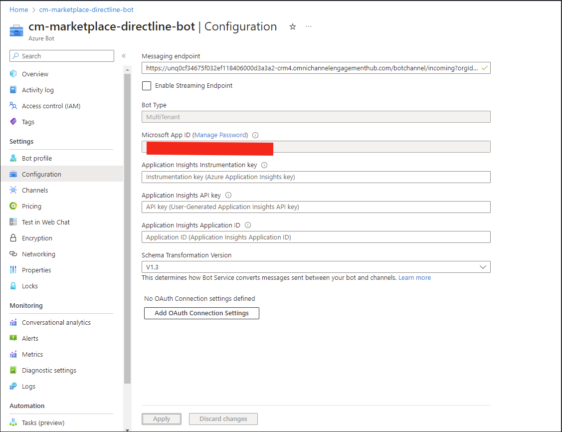 Microsoft App ID location in Azure bot configuration