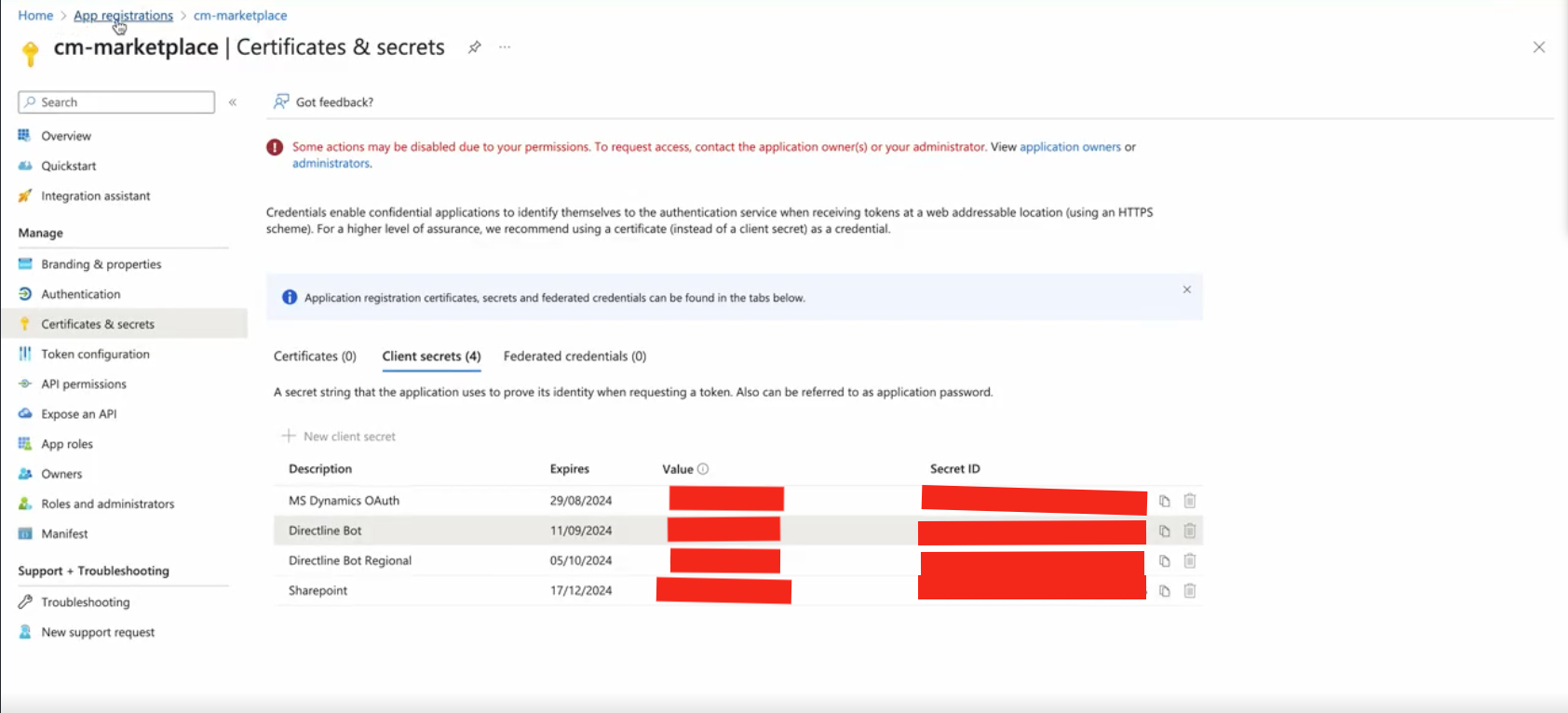 Creating a client secret in Azure "Certificates &amp; secrets"