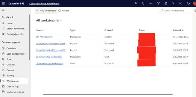 Workstreams navigation in Customer Service admin center