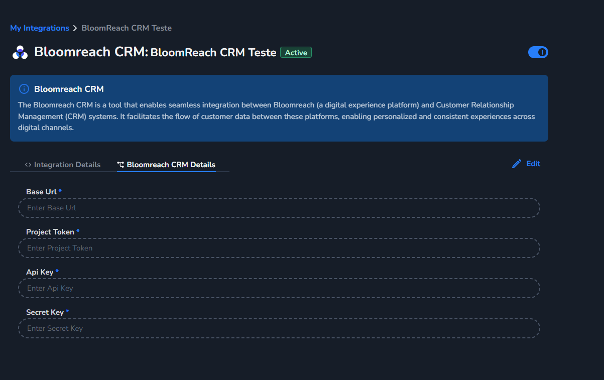 CRM Details form with credentials and configuration settings