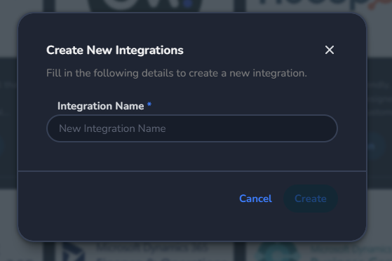 Create Integration dialog with Integration Name field