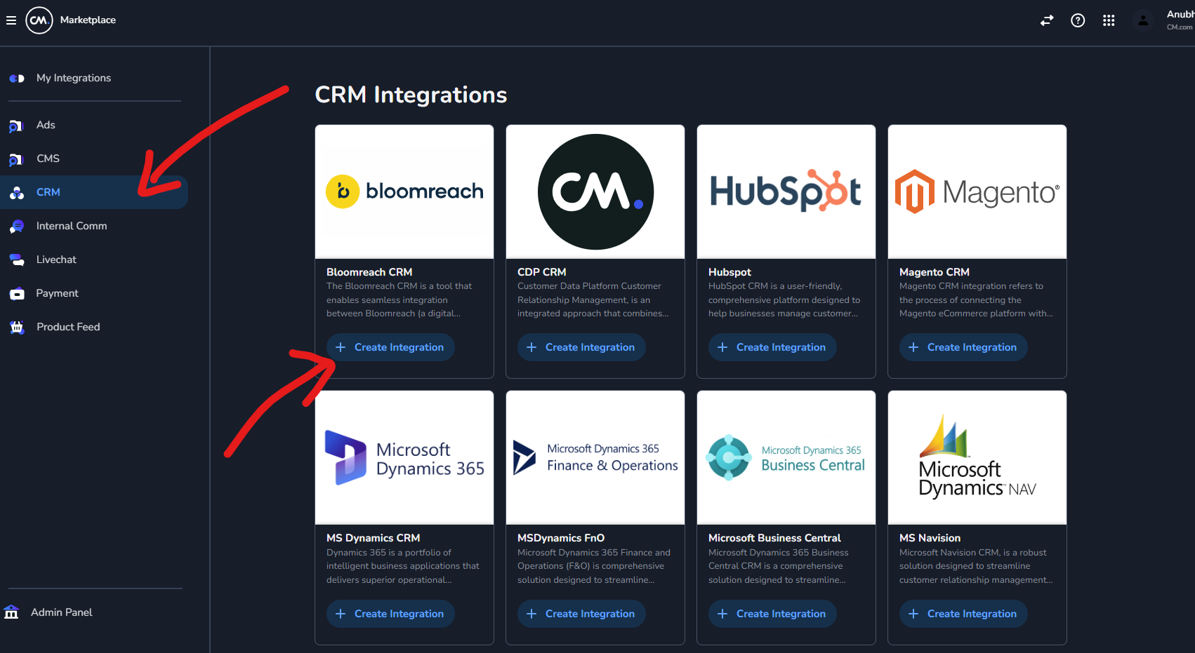 CRM integration list to select the desired CRM