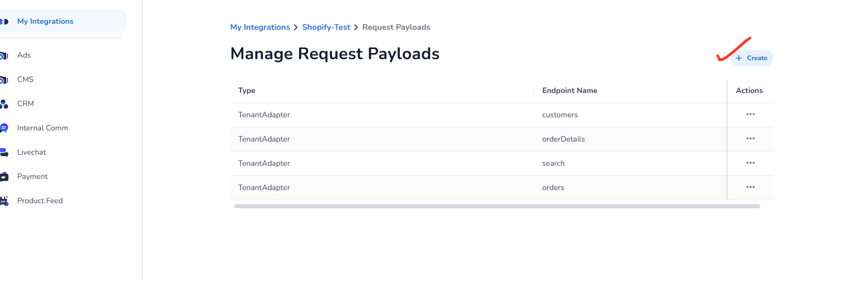 Create New Request Payload option