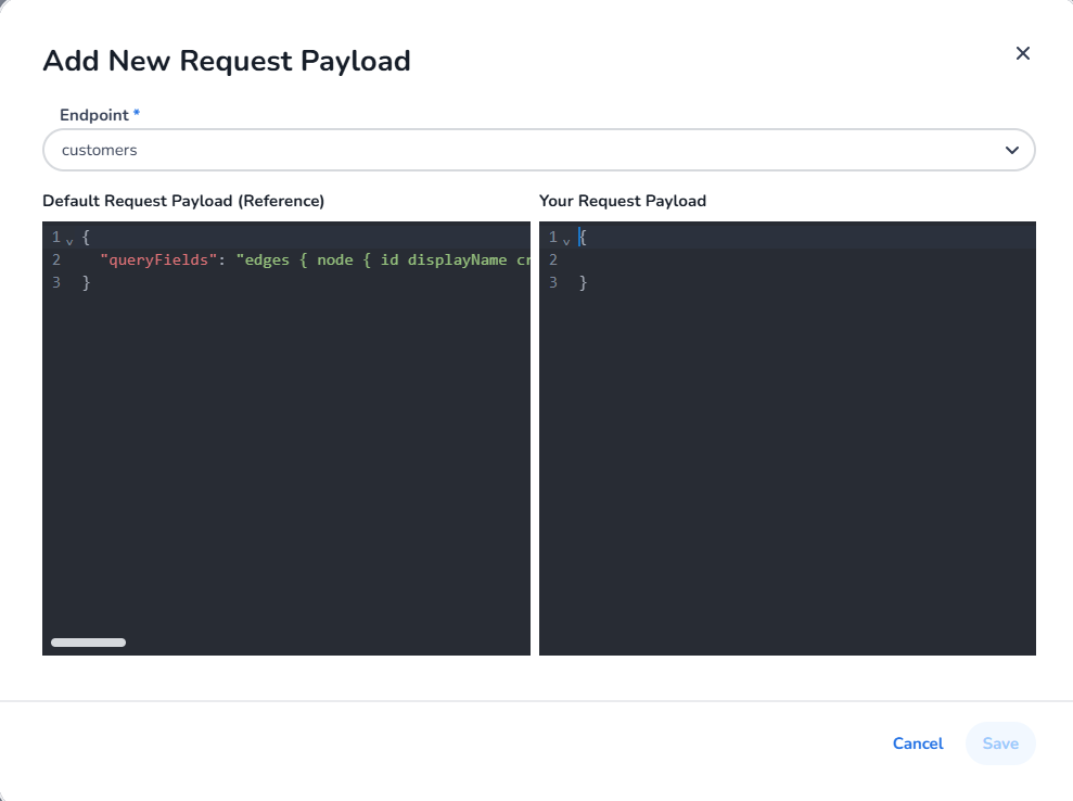 Default Request Payload template shown as reference