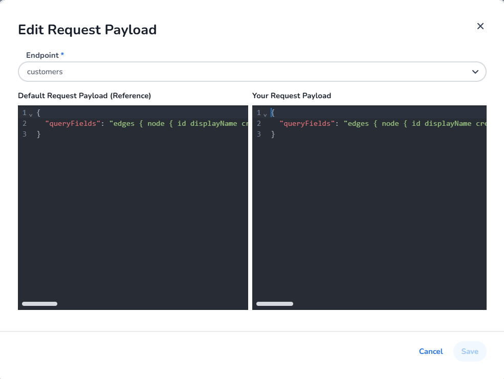 Edit Existing Request Payload template editor