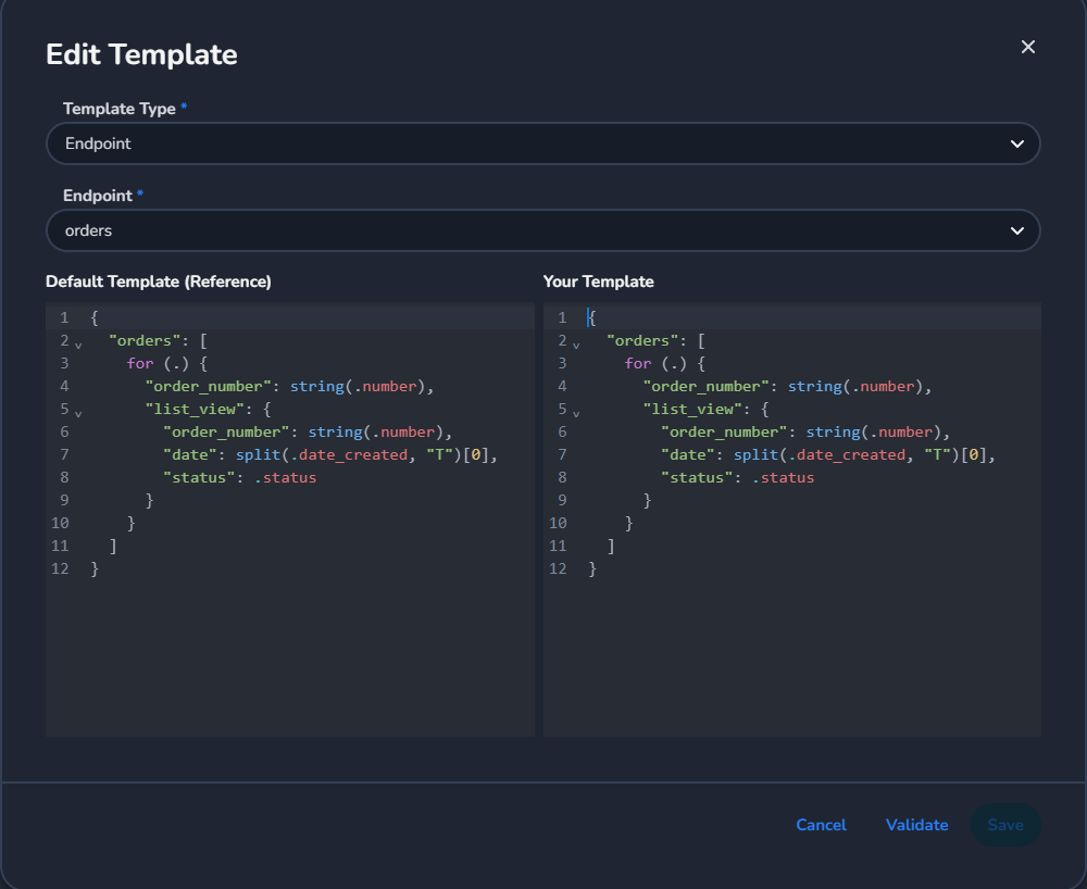 Actions menu with Edit option for an existing template