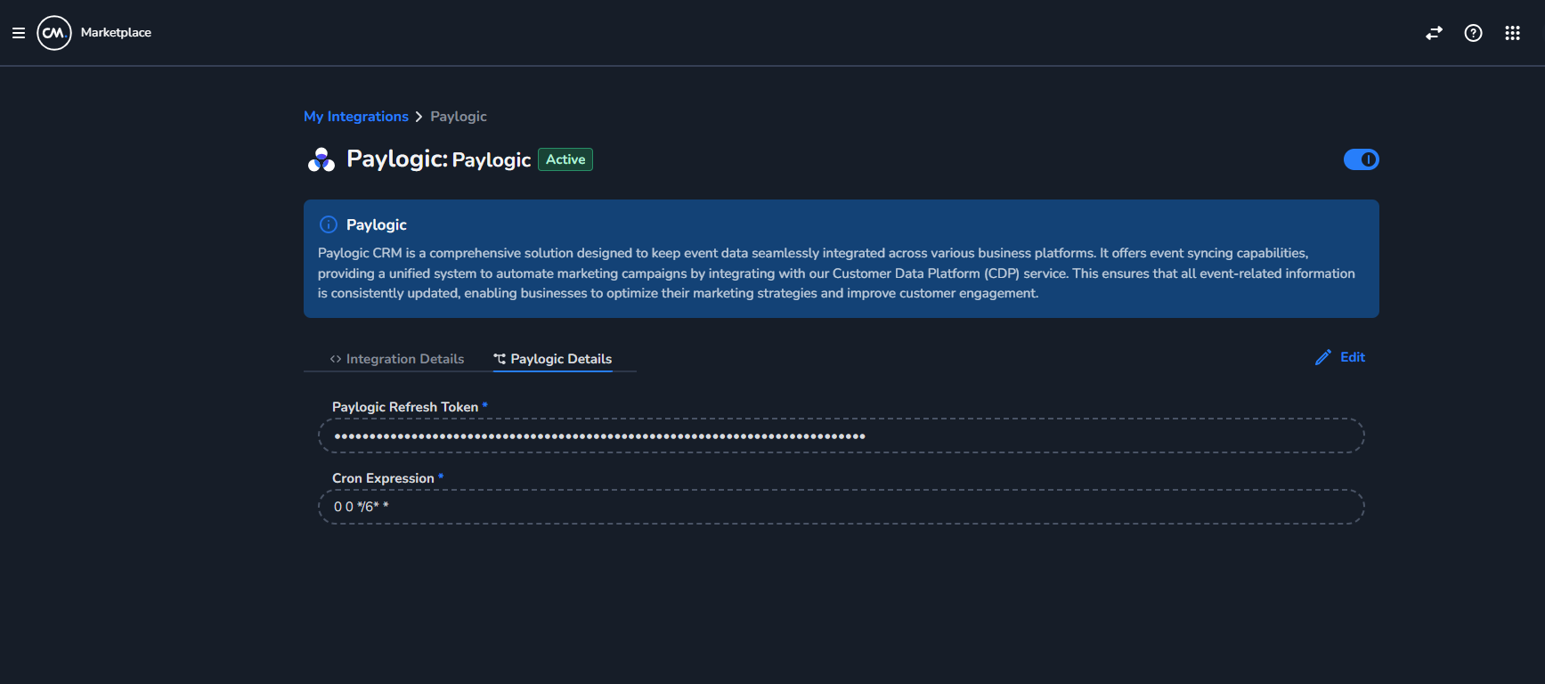 CRON expression field in Paylogic Details section