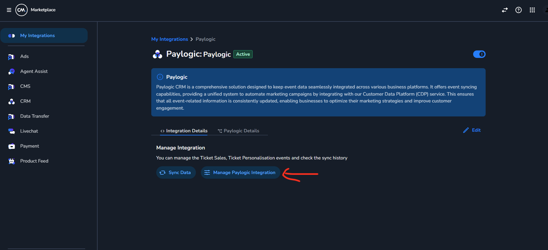 Manage Paylogic Integration button