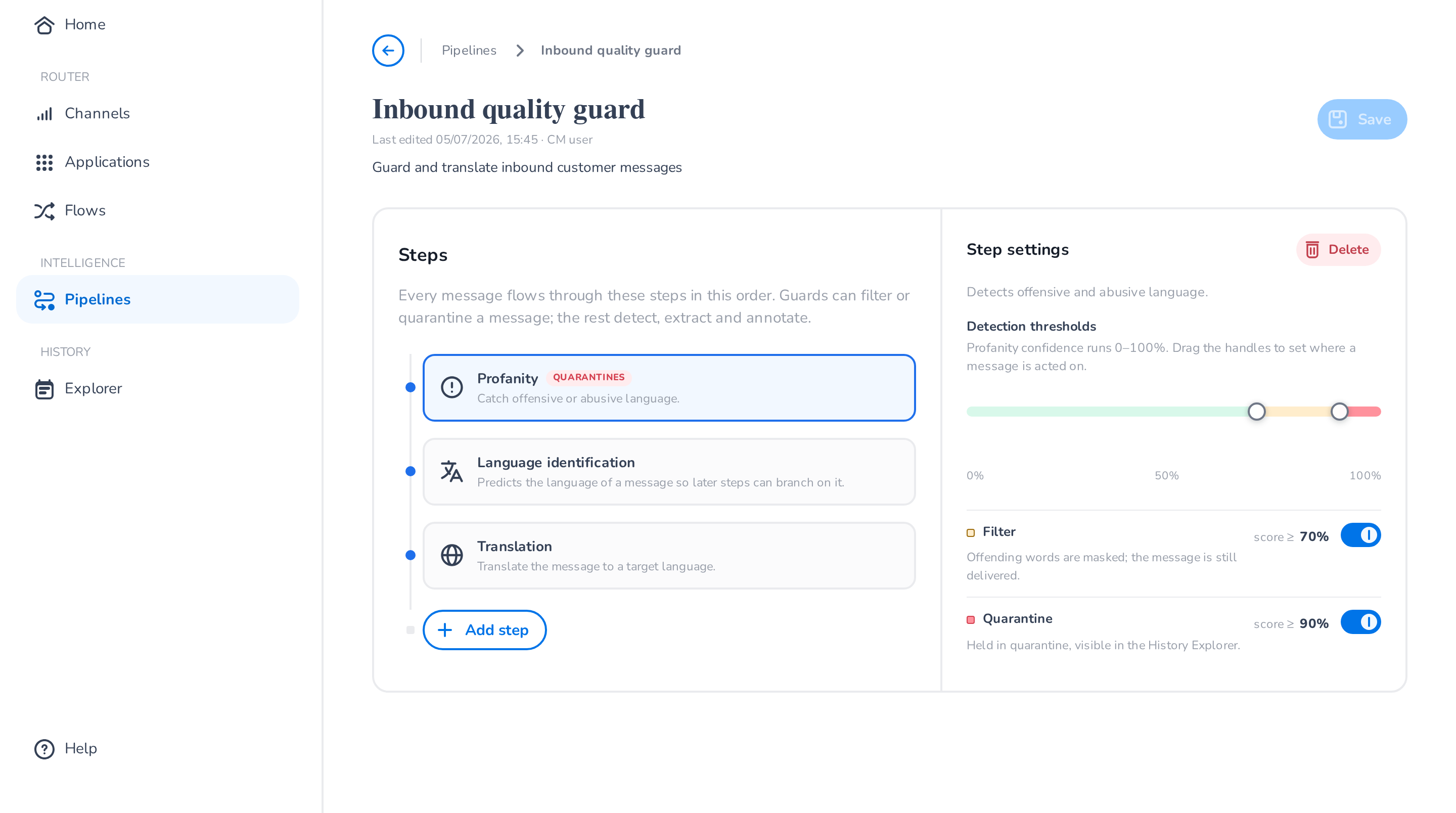 Pipeline editor with a guard step selected