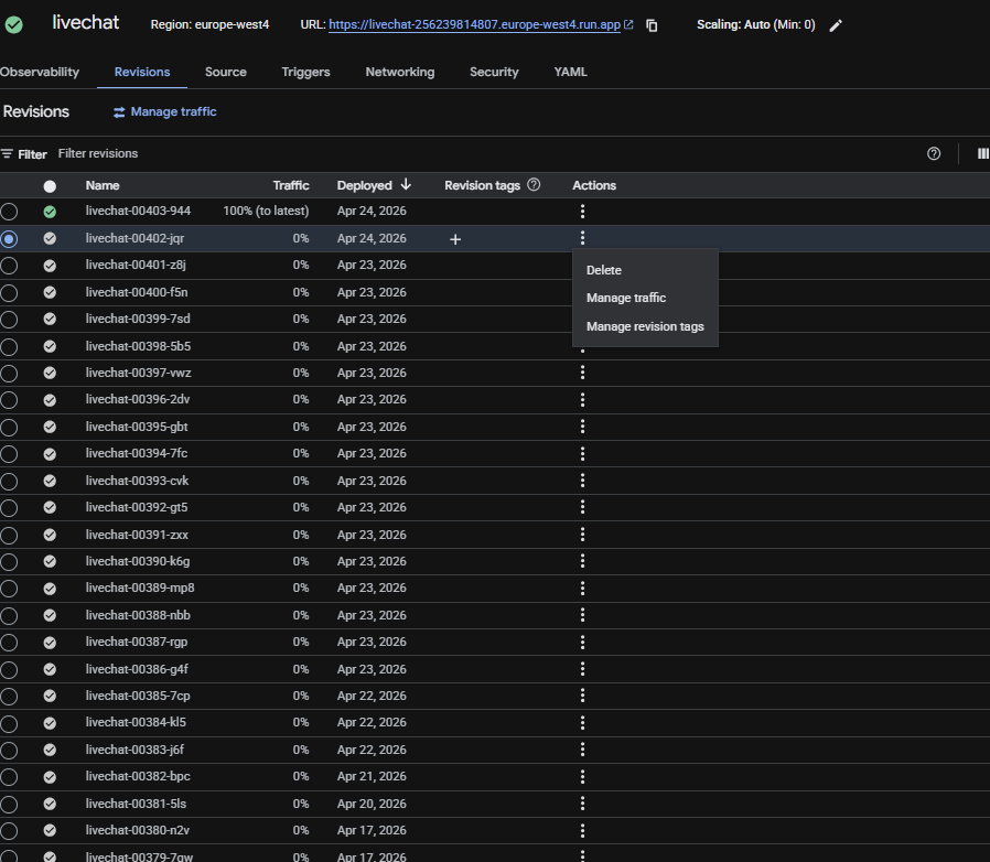 Cloud Run revision actions menu — Manage traffic