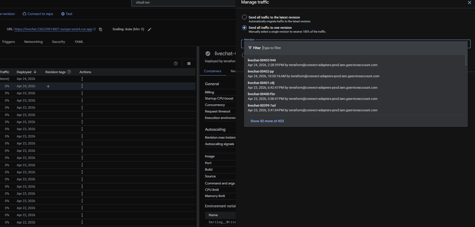Cloud Run Manage traffic — Send all traffic to one revision